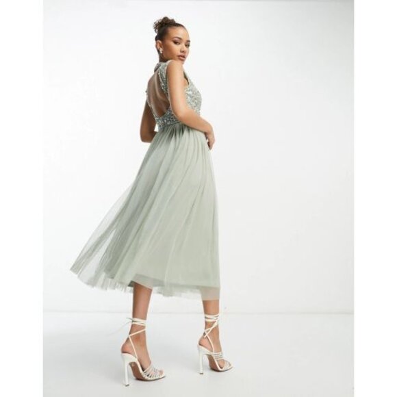 Beauut Embellished Midi Dress With Full Tulle Skirt In Sage-Green 6 - Picture 3 of 16